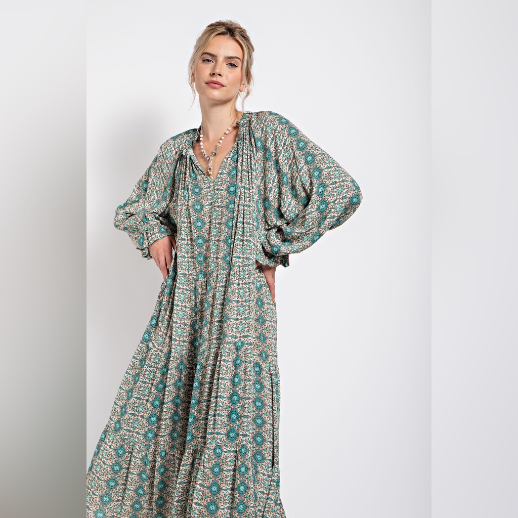 Easel Paisley Mint Green Printed Long Sleeve Gauze Maxi Dress